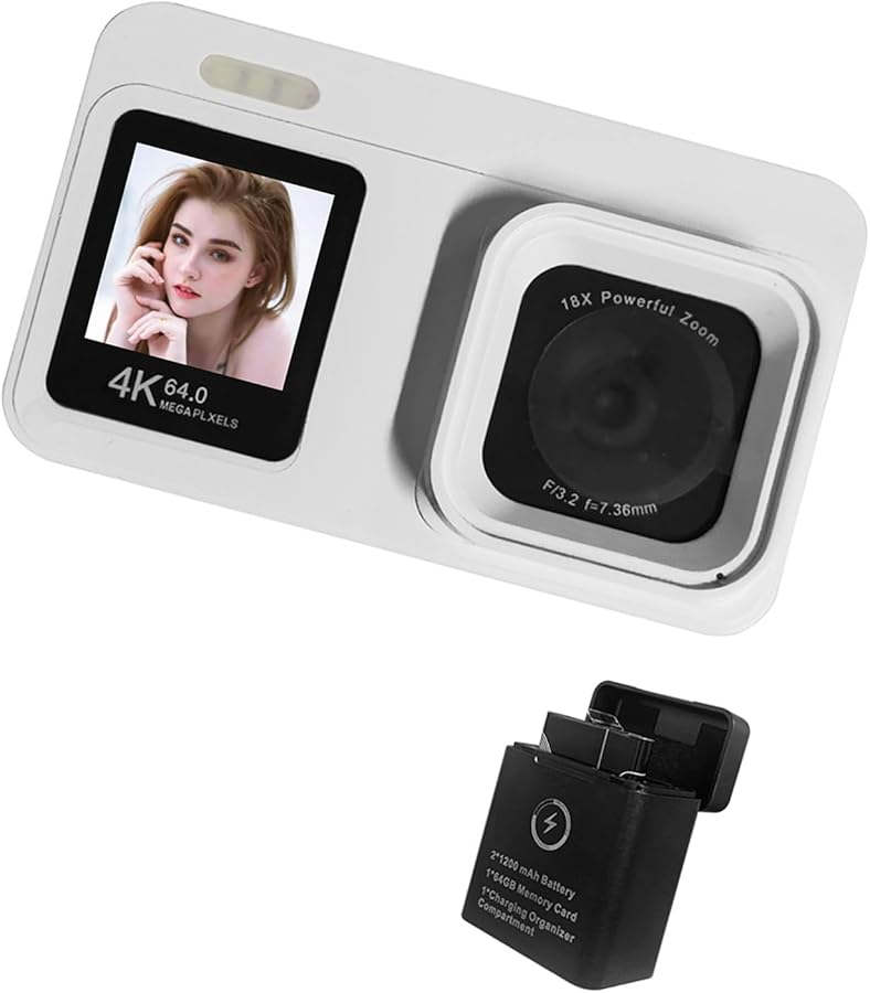 كاميرا رقمية بيضاء بدقة 4K مع مستشعر 64 ميجابكسل وتكبير 18x وشاشة مزدوجة للتدوين المرئي للطلاب والسفر - Image 2