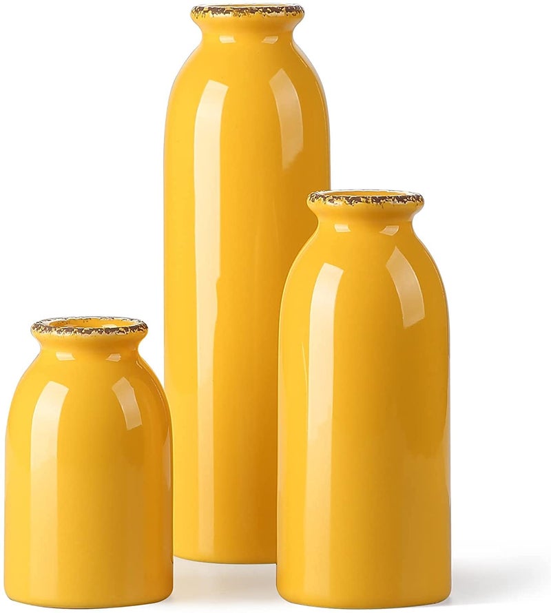 CWLWGOCeramic Yellow Vase Set of 3 Home Decorative VasesModern Farmhouse Decoration Living Room Accents  Dining Table CenterpiecesIdea Bookshelf Dcor Mantel and Entrance Decorative