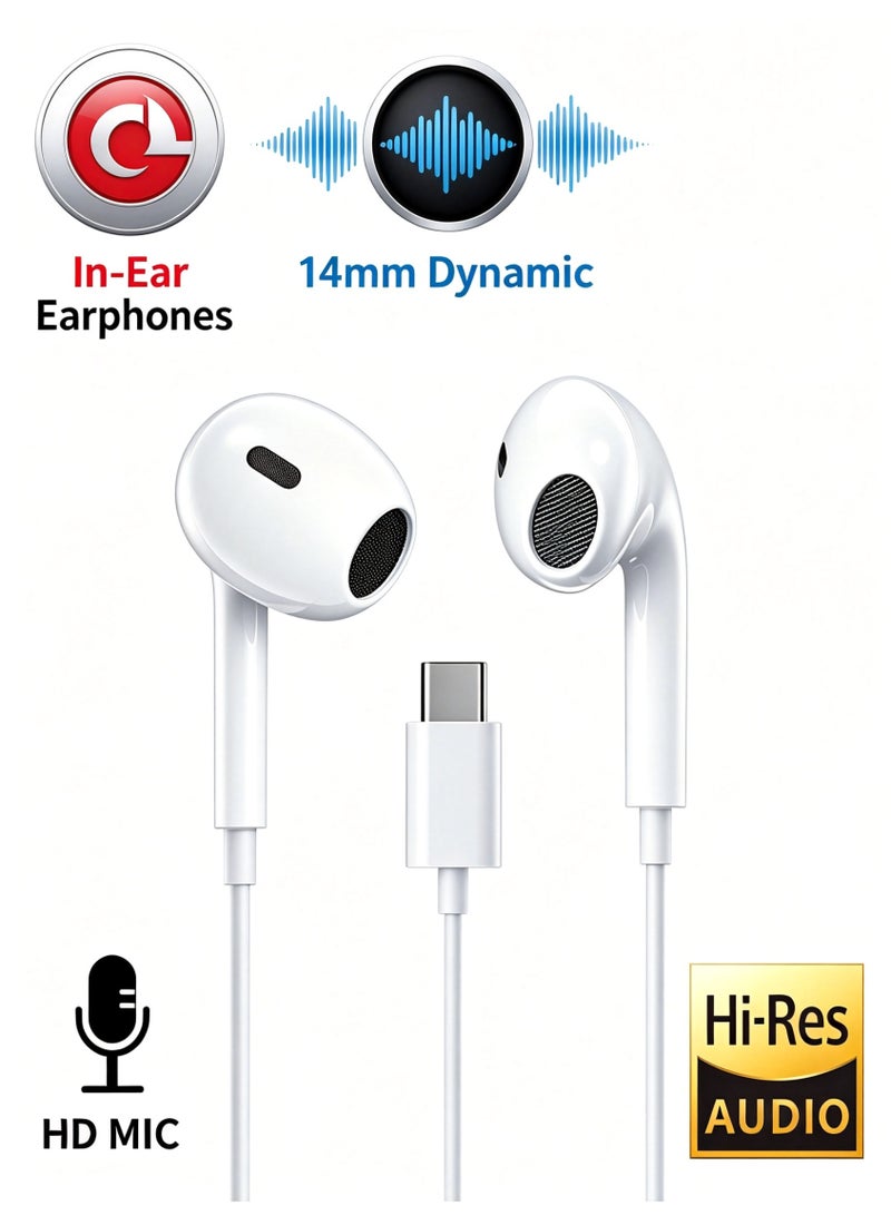 WEKOME Type-C Wired Earphones with Microphone and In-line Control, Half In-Ear HiFi Sound Wired Headphones for Smartphones and Digital Devices - Image 1