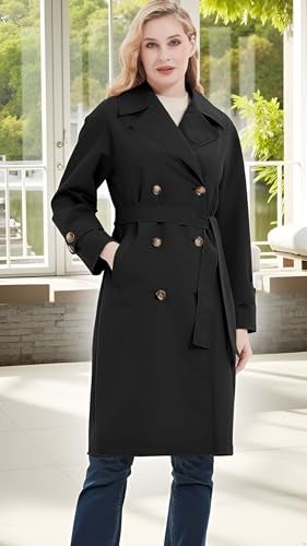 RISISSIDA Trench Coats for Women Long Double Breasted Jacket Overcoat Black X-S - Image 3
