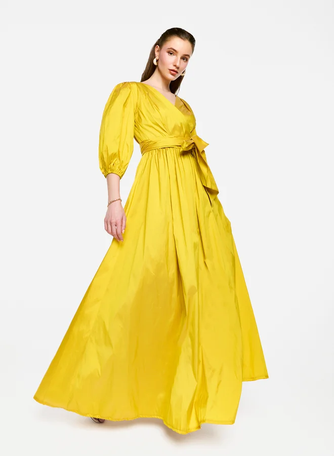 House of Moda House of Moda Balloon Sleeve Tie-Up Waist Wrap Maxi Dress