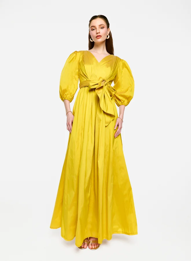 House of Moda House of Moda Balloon Sleeve Tie-Up Waist Wrap Maxi Dress