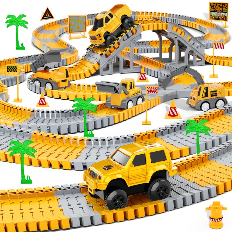 Hony Kids Toys 253 PCS Construction Race Tracks Toy for 3 4 5 6 7 8 Year Old Boys Girls 5 PCS Construction Truck Car and Flexible Track Play Set Create A Engineering Road Games Toddler Toys Birthday Gifts - Image 2