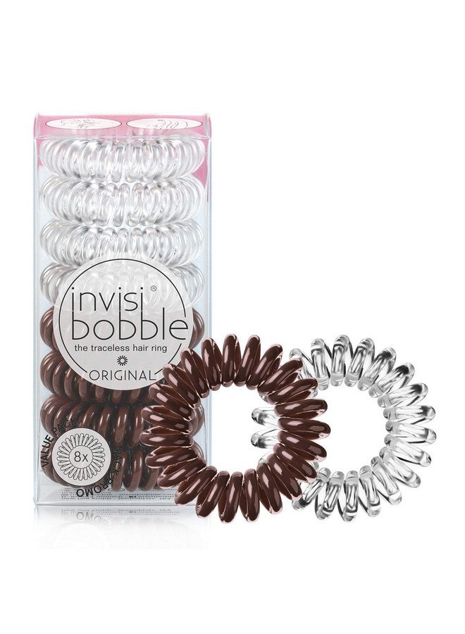invisibobble Original Traceless Spiral Hair Ties Pack Of 8 Crystal Clear And Pretzel Brown Strong Elastic Grip Coil Accessories For Women Non Soaking Gentle For Girls Teens And Thick Hair - Image 1