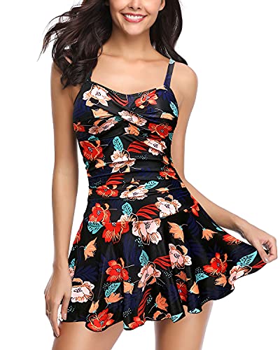 SHEKINI Women's Crossover Ruched Skirt One Piece Swimdress Swimsuit Bathing Suit (Printing - Flower, Medium) - Image 1
