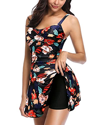 SHEKINI Women's Crossover Ruched Skirt One Piece Swimdress Swimsuit Bathing Suit (Printing - Flower, Medium) - Image 2