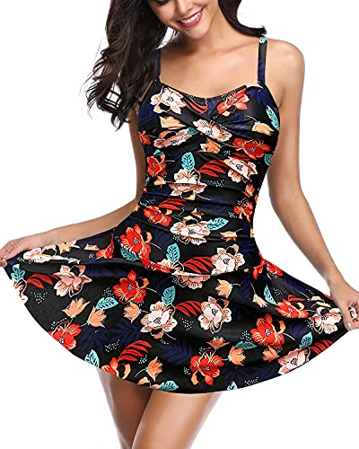SHEKINI Women's Crossover Ruched Skirt One Piece Swimdress Swimsuit Bathing Suit (Printing - Flower, Medium) - Image 3