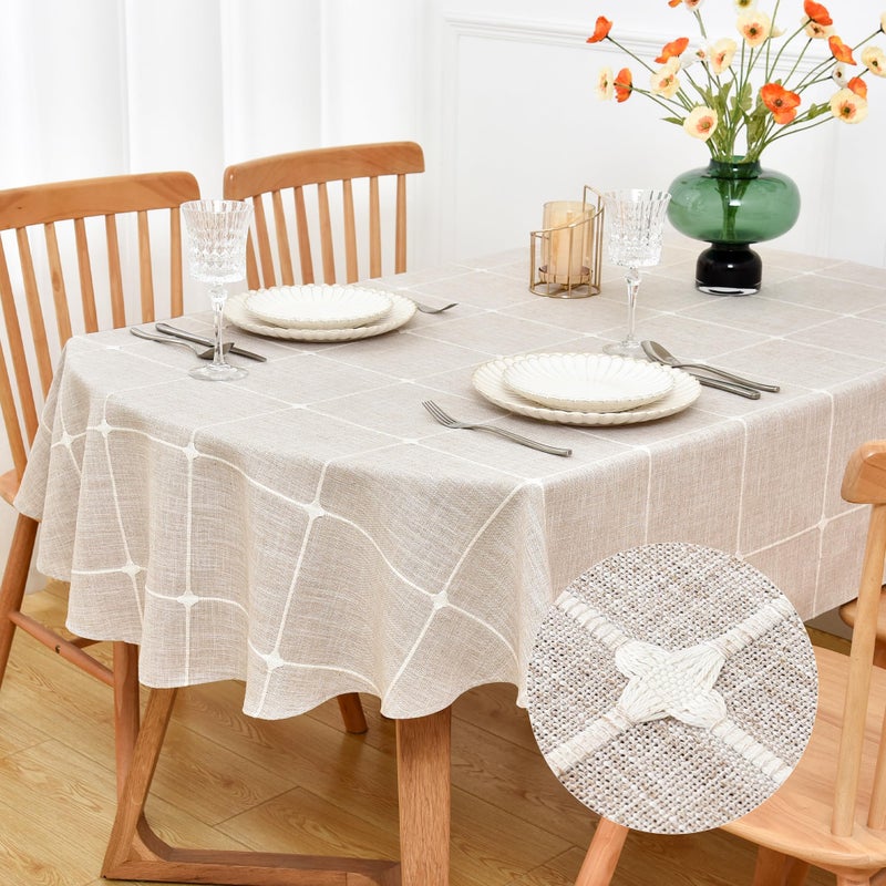 NEWISHER Farmhouse Embroidered Plaid Tablecloth Lattice Fabric Table Cloth Oval Rustic Checkered Table Cover Dining Kitchen Home Decor Party (Brown, 60 x 84 inch) - Image 1