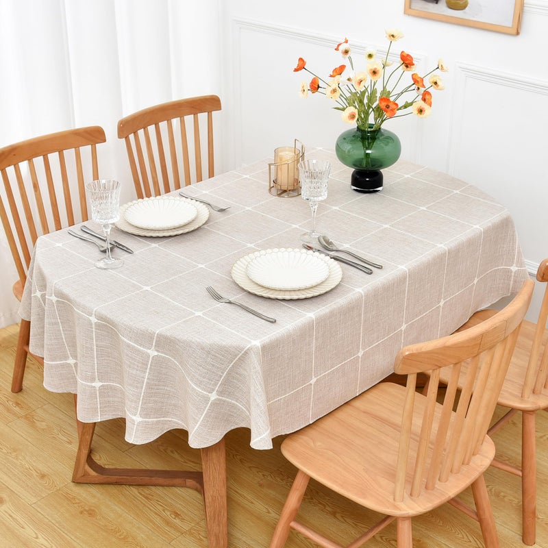 NEWISHER Farmhouse Embroidered Plaid Tablecloth Lattice Fabric Table Cloth Oval Rustic Checkered Table Cover Dining Kitchen Home Decor Party (Brown, 60 x 84 inch) - Image 2
