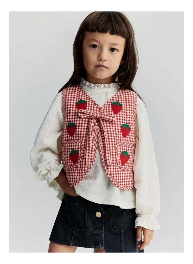 Magu Girls' Cotton Red Plaid Vest with Strawberry Embroidery - Drawstring