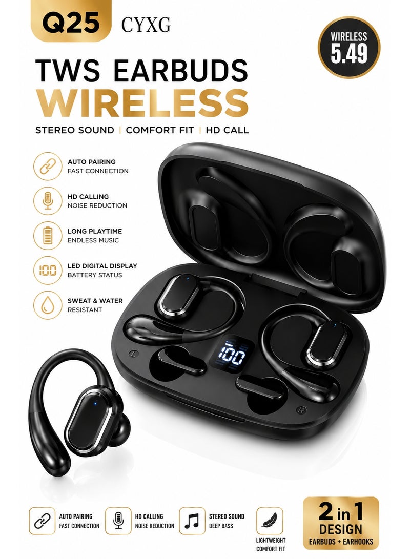 CYXG Q25 Wireless Earbuds Bluetooth 5.49 with LED Display Charging Case – Deep Bass TWS Earphones, Noise Reduction, Touch Control, Black - Image 1