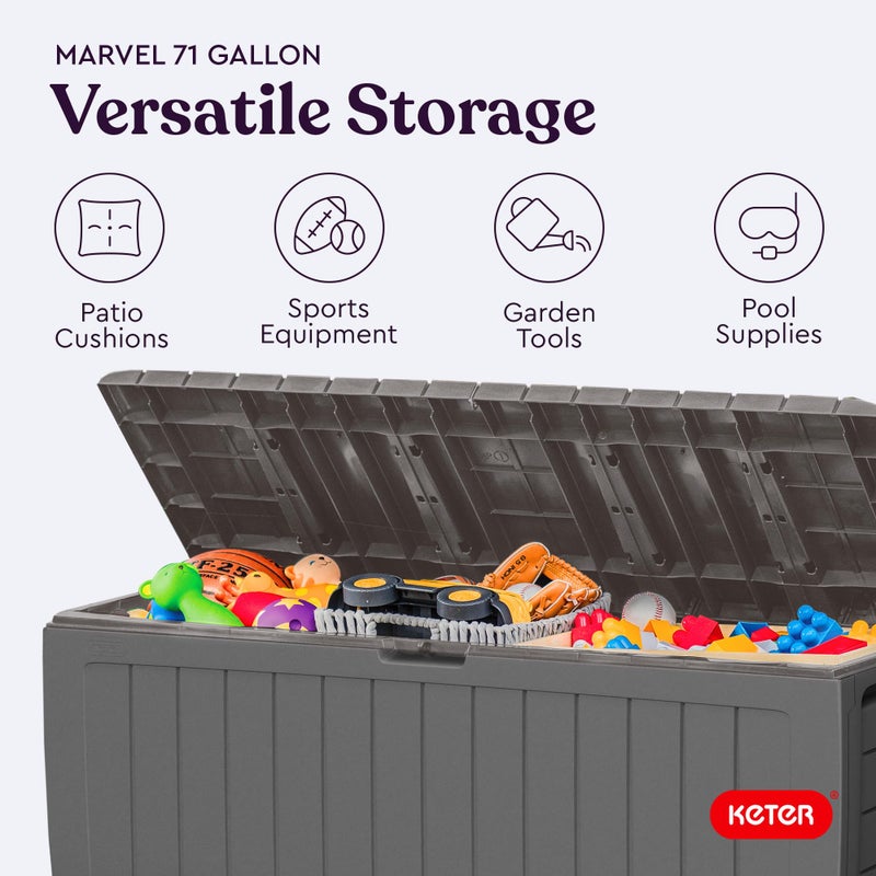 Keter Marvel Plus 71 Gallon Resin Outdoor Storage Box for Patio Furniture Cushions, Throw Pillows, Garden Tools and Pool Floats, Light Grey - Image 5
