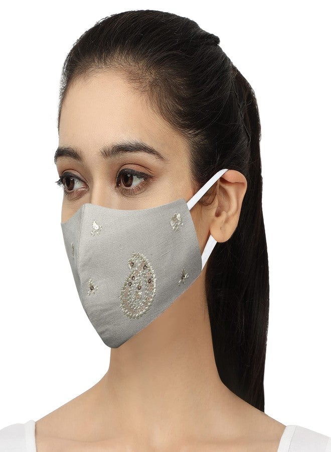 MASQ Lotus 4 Layer, Reusable, with Ear Adjusters, Anti-Bacterial BFE>99% Embroidered Linen Cloth Face Mask Combo for Women (Large, White-Red-Beige, Pack of 3)., Linen, Without Valve - Image 2