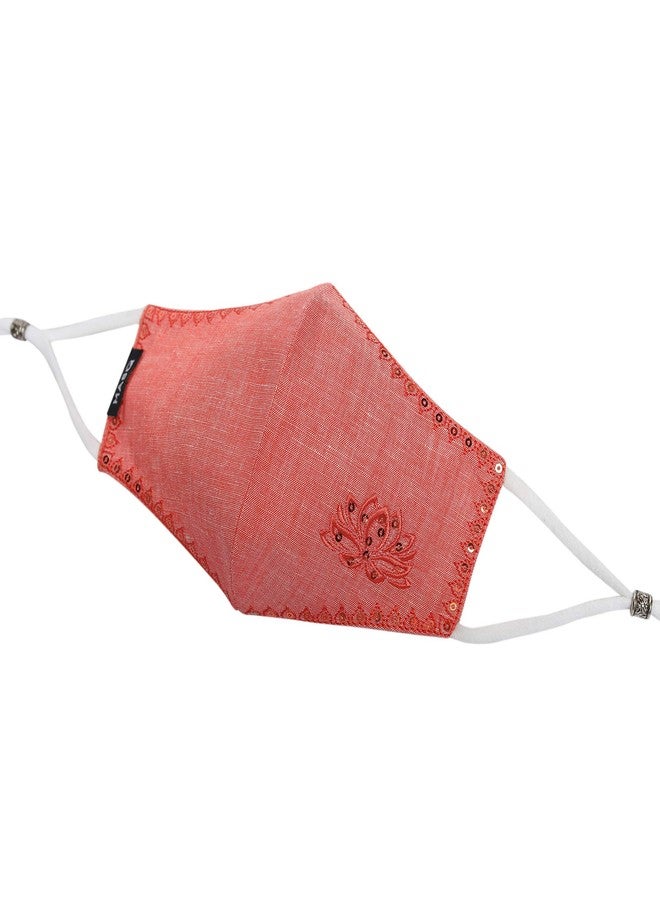 MASQ Lotus 4 Layer, Reusable, with Ear Adjusters, Anti-Bacterial BFE>99% Embroidered Linen Cloth Face Mask Combo for Women (Large, White-Red-Beige, Pack of 3)., Linen, Without Valve - Image 5