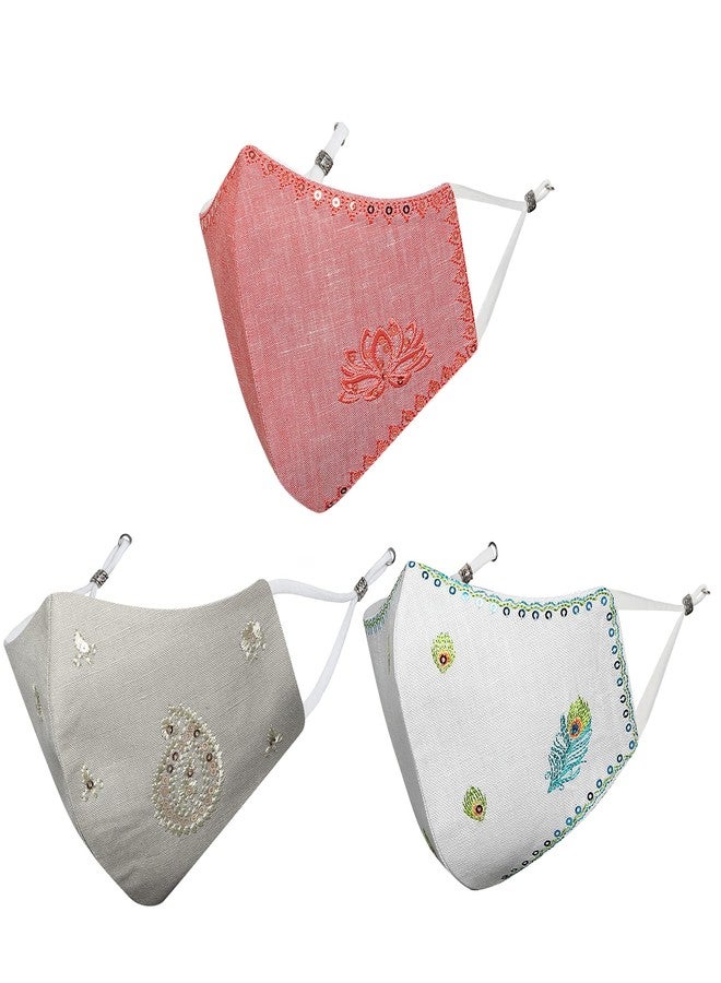 MASQ Lotus 4 Layer, Reusable, with Ear Adjusters, Anti-Bacterial BFE>99% Embroidered Linen Cloth Face Mask Combo for Women (Large, White-Red-Beige, Pack of 3)., Linen, Without Valve - Image 1