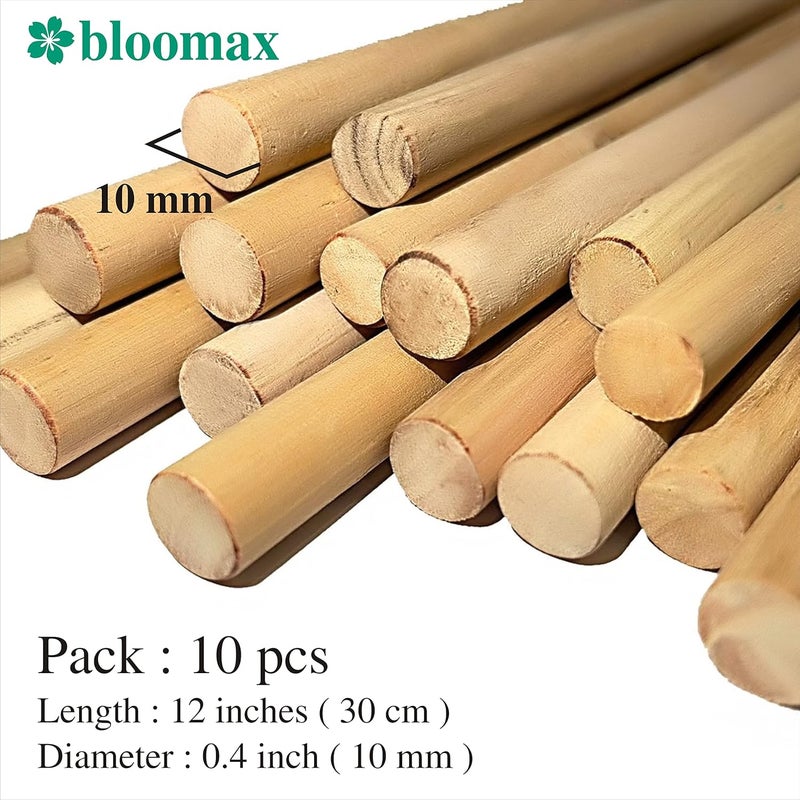 bloomax ® 10 قطع 12 بوصة، قطر-10 مم قضبان خشبية دائرية | قضبان خشب | عصي خشبية صلبة، ماكرامي، تعليق على الحائط، مشاريع فنون وحرف، DIY والمزيد (تشطيب قياسي) - Image 1