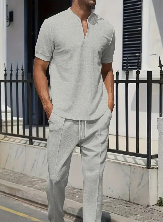 2pcs Men's Casual Short Sleeve Zip-Collar T-Shirt And Long Pants Set, Comfort Fit Loungewear, Solid Color co ord set - Image 1
