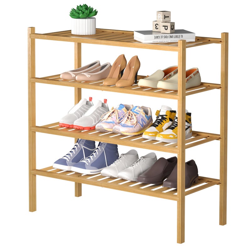 ROMGUAR CRAFT 4 Tier Bamboo Shoe Rack for Closet Free Standing Wood Shoe Shelf for Entryway Small Space Stackable 27x11x26 Natural