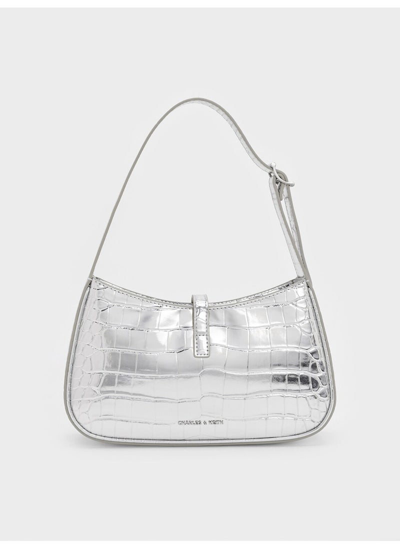 Charles & Keith CHARLES & KEITH Cesia Croc-Effect Metallic-Accent Shoulder Bag for Women - Silver  - Image 5
