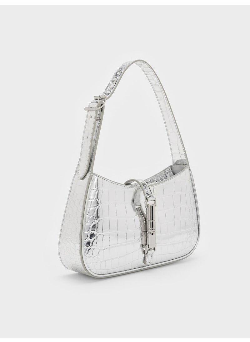 Charles & Keith CHARLES & KEITH Cesia Croc-Effect Metallic-Accent Shoulder Bag for Women - Silver  - Image 3