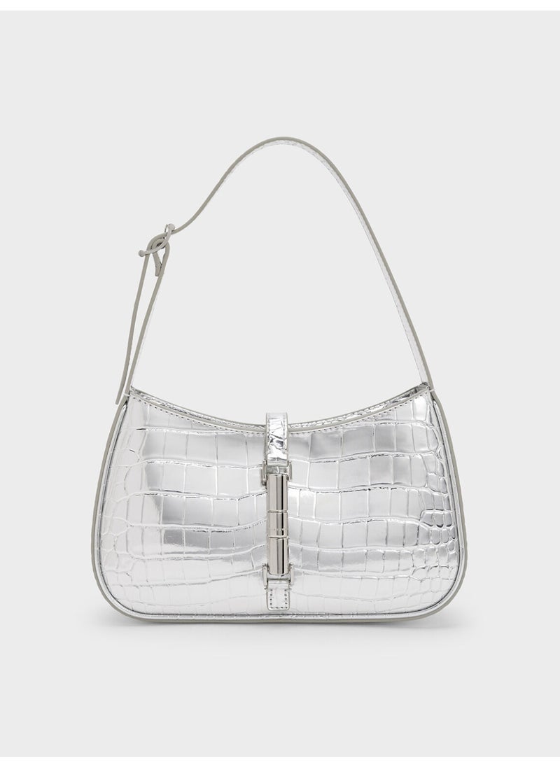 Charles & Keith CHARLES & KEITH Cesia Croc-Effect Metallic-Accent Shoulder Bag for Women - Silver  - Image 1