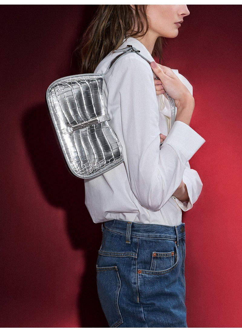 Charles & Keith CHARLES & KEITH Cesia Croc-Effect Metallic-Accent Shoulder Bag for Women - Silver  - Image 2