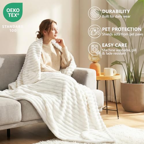 HIMEET Off White Ribbed Throw Blanket for Couch - 300GSM Lightweight Soft Fleece Blanket for Women, Cozy Blankets for Mothers Gifts, Striped Spring Home Room Decor, Off White, 50x60 Inches - Image 3