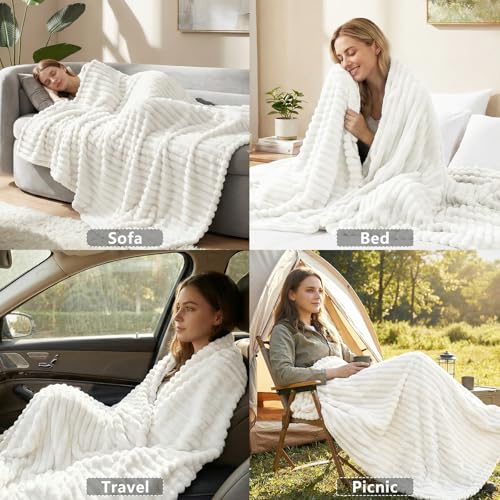 HIMEET Off White Ribbed Throw Blanket for Couch - 300GSM Lightweight Soft Fleece Blanket for Women, Cozy Blankets for Mothers Gifts, Striped Spring Home Room Decor, Off White, 50x60 Inches - Image 5