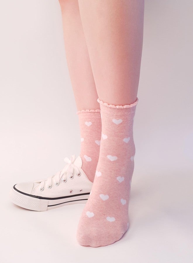 كيوتي مانجو جوارب نسائية من كيوتي مانجو، 5 أزواج، قطنية مطبوعة بنقشة قلوب، للاستخدام اليومي، جوارب مميزة عالية الجودة، ناعمة وجميلة، متوفرة بمقاسات 6، 7، 8، 9، 10 للنساء - لون وردي - Image 5