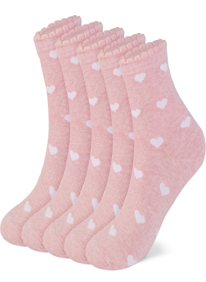كيوتي مانجو جوارب نسائية من كيوتي مانجو، 5 أزواج، قطنية مطبوعة بنقشة قلوب، للاستخدام اليومي، جوارب مميزة عالية الجودة، ناعمة وجميلة، متوفرة بمقاسات 6، 7، 8، 9، 10 للنساء - لون وردي - Image 1