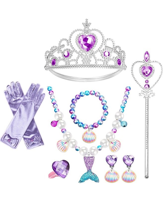 Mermaid Jewelry Kit Set for Kids,Pearl Shell Crown Pendant Bracelets Ear Clips Wand,Princess Dress Up Gloves Party Pretend Play Decorative Accessories (Purple, Set of 7, 9 Pcs) - Image 1