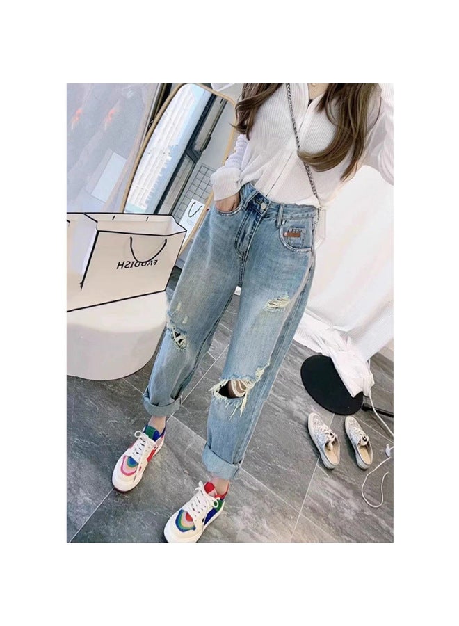 Plus Size Ripped Straight Jeans Women's 2024 New Spring And Autumn Chubby Girl Loose High Waist Slimming Dad Harem Pants 