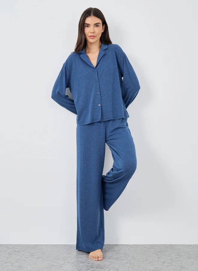 Styli Styli Women Navy Blue Melange Shirt and Wide Leg Pyjama Set