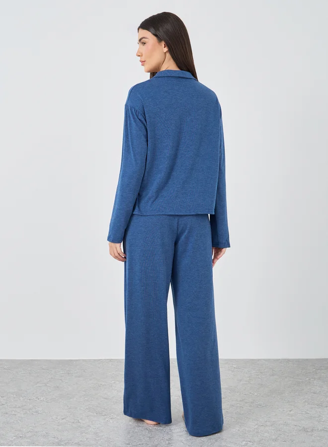 Styli Styli Women Navy Blue Melange Shirt and Wide Leg Pyjama Set