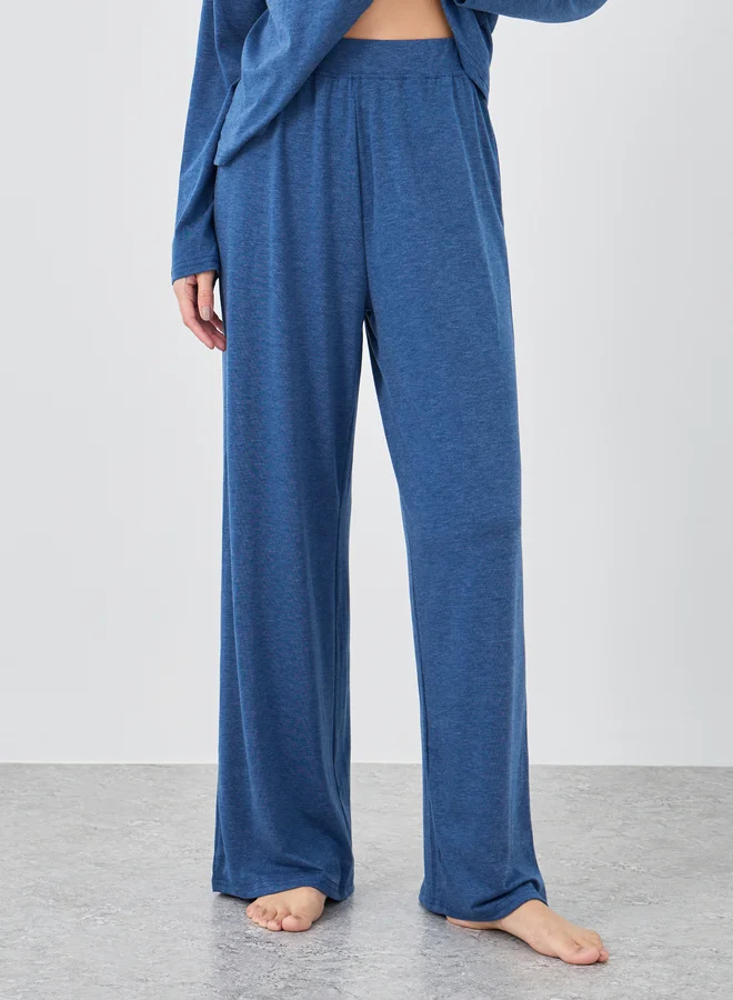 Styli Styli Women Navy Blue Melange Shirt and Wide Leg Pyjama Set