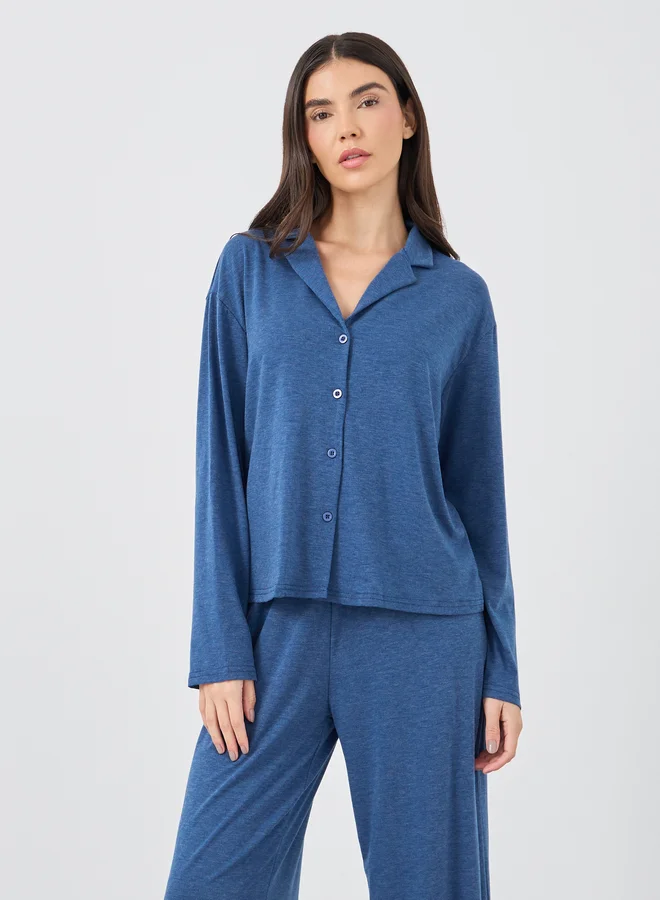 Styli Styli Women Navy Blue Melange Shirt and Wide Leg Pyjama Set