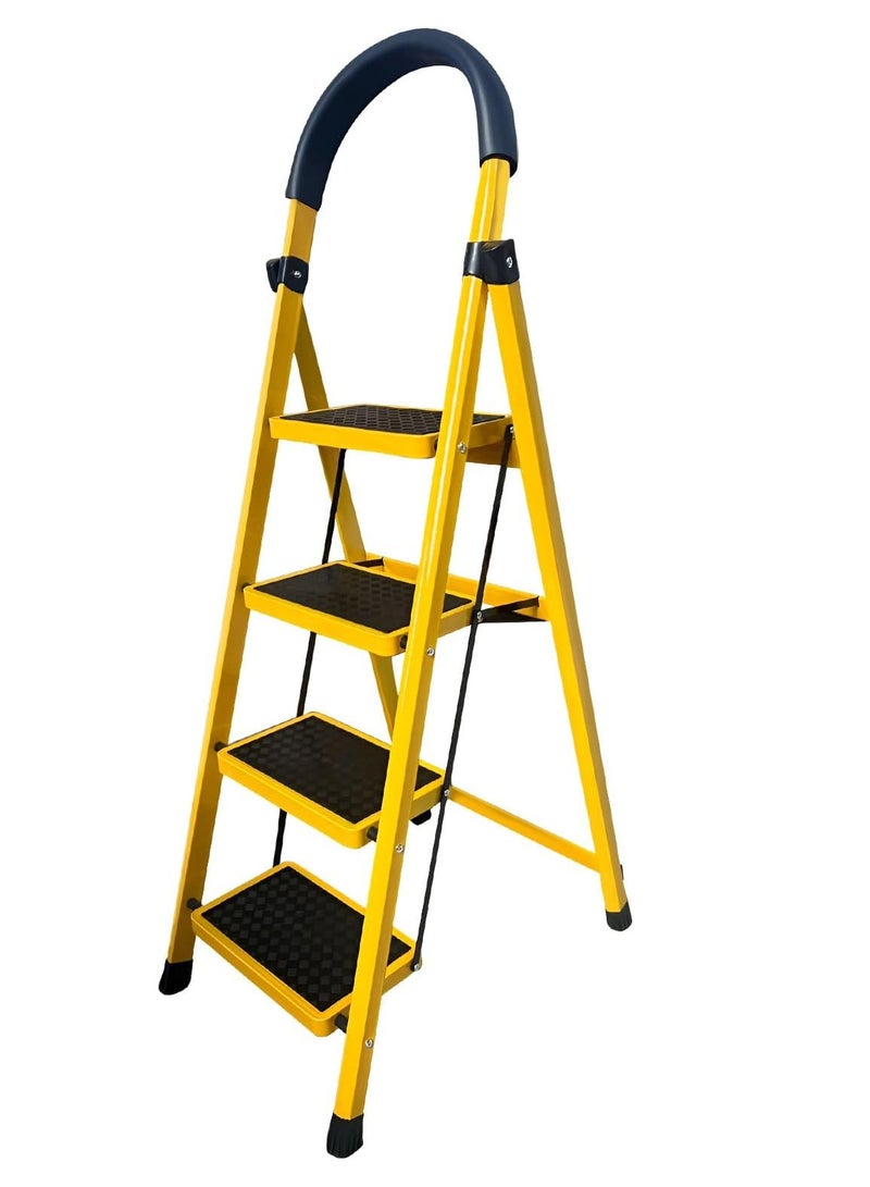 AL QADAH Foldable Metal Step Ladder 4 Step Yellow 141x44cm Anti Slip Wide Pedals Safety Lock Tool Tray Lightweight Utility Ladder for Home Kitchen Garage Use  - Image 1