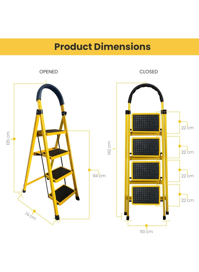 AL QADAH Foldable Metal Step Ladder 4 Step Yellow 141x44cm Anti Slip Wide Pedals Safety Lock Tool Tray Lightweight Utility Ladder for Home Kitchen Garage Use  - Image 2