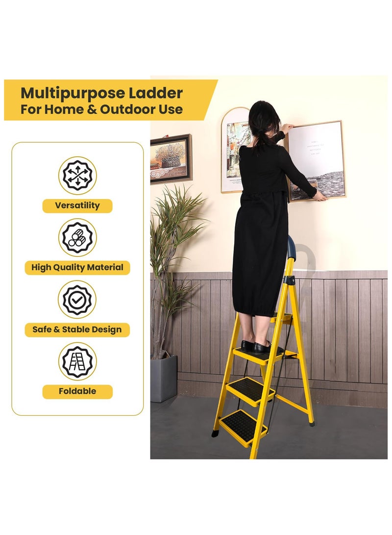 AL QADAH Foldable Metal Step Ladder 4 Step Yellow 141x44cm Anti Slip Wide Pedals Safety Lock Tool Tray Lightweight Utility Ladder for Home Kitchen Garage Use  - Image 3