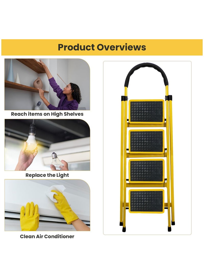 AL QADAH Foldable Metal Step Ladder 4 Step Yellow 141x44cm Anti Slip Wide Pedals Safety Lock Tool Tray Lightweight Utility Ladder for Home Kitchen Garage Use  - Image 4
