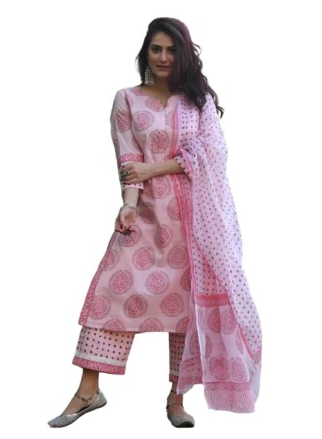 Pinkmint store Women Straight Motif Printed Kurta and Pant Set with Dupatta S - Image 1