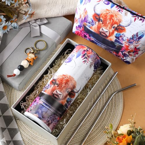 Abbylike 3 Pcs Highland Cow Gift Sets for Women 20 oz Tumbler Makeup Cosmetic Bag Keychain Cup Western Highland Cow Gifts Basket for Christmas Birthday Lovers Stuff Decorations - Image 3