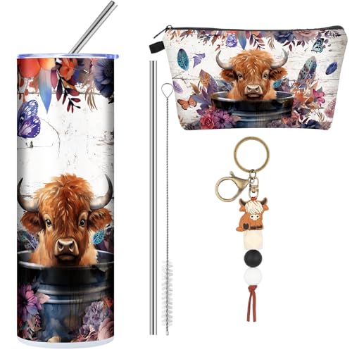 Abbylike 3 Pcs Highland Cow Gift Sets for Women 20 oz Tumbler Makeup Cosmetic Bag Keychain Cup Western Highland Cow Gifts Basket for Christmas Birthday Lovers Stuff Decorations - Image 1