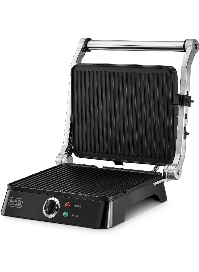 BLACK+DECKER 1400W Contact Grill with Full Flat Grill for Barbeque Black and Silver 35.5 x 14.5 x 37 cm CG1400-B5 Black and Silver - Image 4