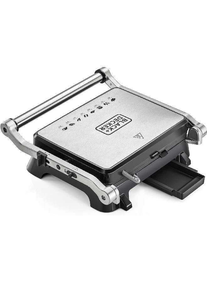 BLACK+DECKER 1400W Contact Grill with Full Flat Grill for Barbeque Black and Silver 35.5 x 14.5 x 37 cm CG1400-B5 Black and Silver - Image 2