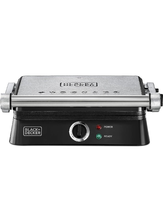 BLACK+DECKER 1400W Contact Grill with Full Flat Grill for Barbeque Black and Silver 35.5 x 14.5 x 37 cm CG1400-B5 Black and Silver - Image 3