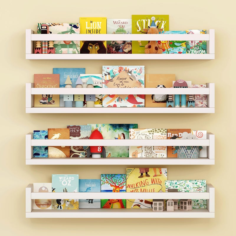 Onlysky Set of 4 WallMounted Kids Bookshelf  White Floating Nursery Book Shelves  Durable Wood Construction  Ideal for Nursery Decor Kids Room Toy Storage