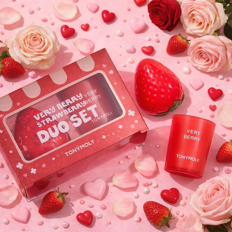 TONYMOLY Very Berry Strawberry Valentineâ€™s Day Gift Set â€“ Hydrating Hand Cream with Sweet Fruity Scent & Limited-Edition Strawberry Candle, Self-Care & Galentineâ€™s Gift for Women - Image 2