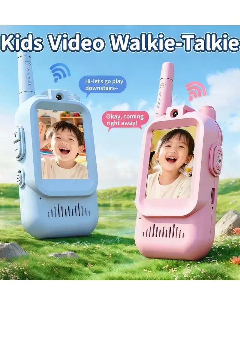 MOCOM [Upgraded] Face-to-Face Video Walky Talky for Kids – 2 Pack Rechargeable Video Intercom Toys with LCD Screen & Camera, Voice Chat, Emoji Messaging, Photo Capture & Sharing, Built-In Gallery, Real-Time Video Talk, No SIM Needed & No WiFi Required, 20–40MHz Indoor Outdoor Communication Toys for Boys & Girls Ages 3–12, Blue & Pink, USB-Rechargeable, Fun Camping & Birthday Gift Set - Image 1