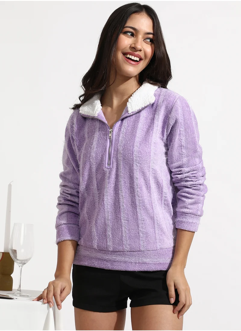 كامبوس سوترا Women's Lilac Textured Self-Design Striped Sweatshirt